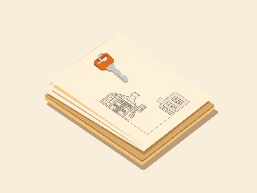 Abstrakte editorielle Illustration eines Aktenstapels mit Bauplan und Schlüssel
